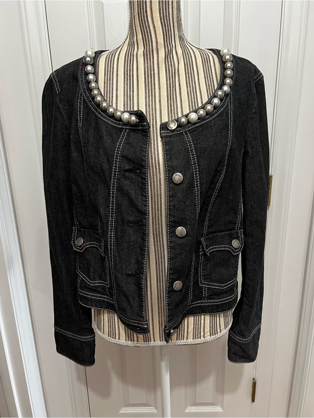 Women's Upcycled Black silver Pearl-Trim Denim Rodeo Jacket